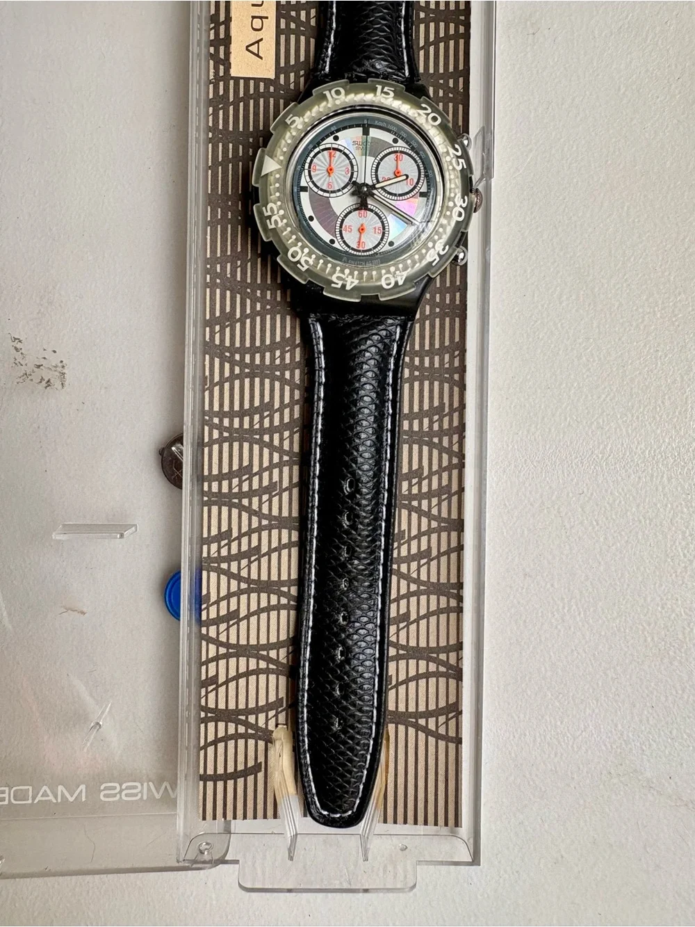 Swatch Iridescent Dial Chronograph with Black Leather Strap